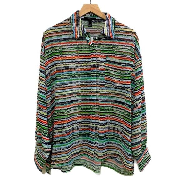 FOREVER 21 SHIRT WOMENS LARGE MUTI COLORED STRIPED SHEER HIDDEN BUTTON UP. - Picture 3 of 14